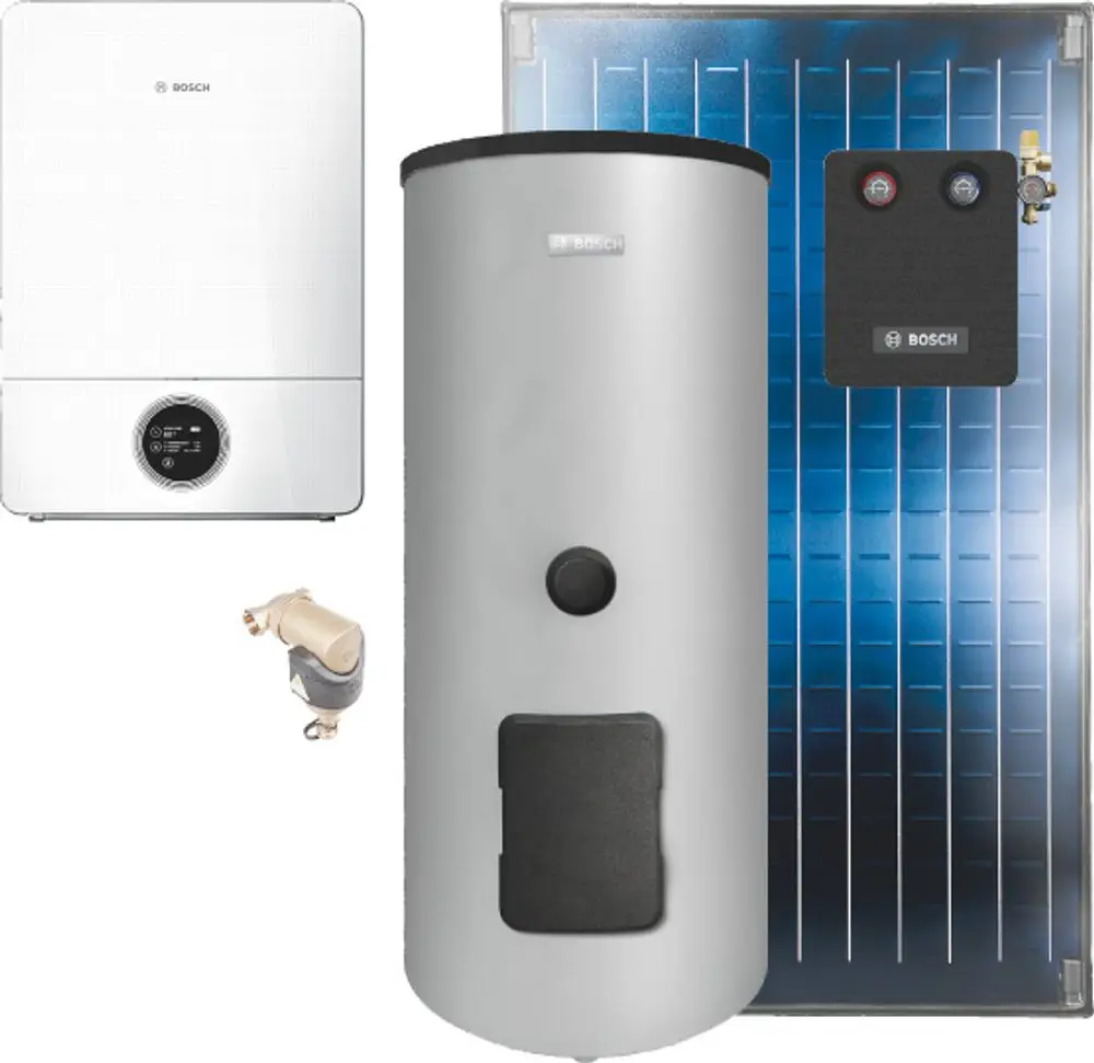 Bosch-Gasheizgerät in weiß, therme mit digitalem Display, silbernes Speichertank sowie Solarkollektor mit blauer Oberfläche und Anschlüssen.